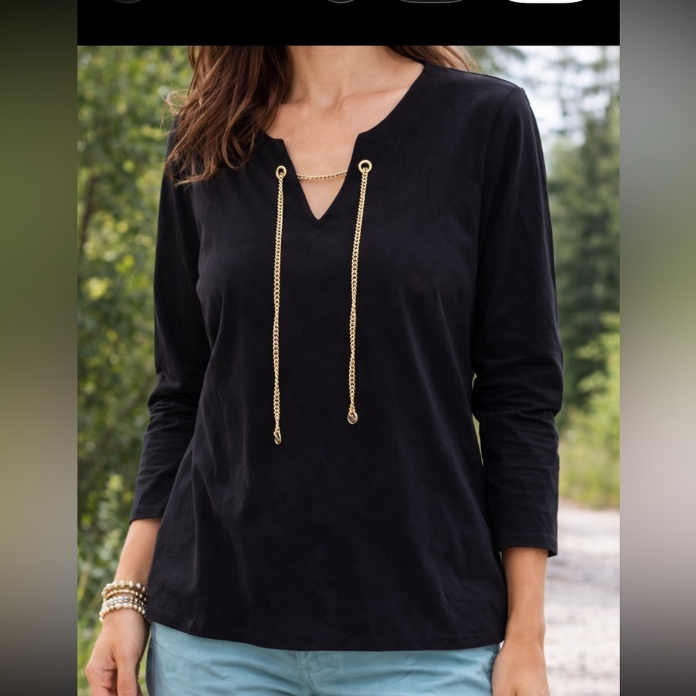 MICHAEL MICHAEL KORS BLACK BELL SLEEVED TOP WITH GOLD CHAIN WOMEN’S SIZE LARGE